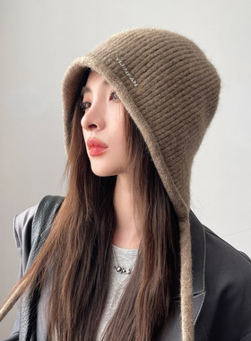 兔毛帽子女保暖帽大头围冷帽护耳百搭帽纯色百搭秋冬时尚针织毛线