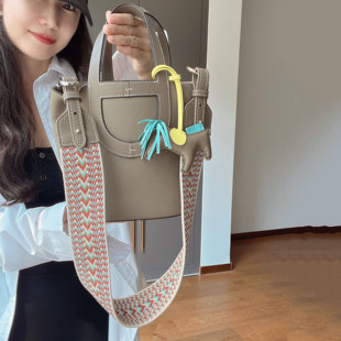 H家猪鼻子菜篮子新款配帆布肩带头层牛皮软把全新皮扣保护包背带