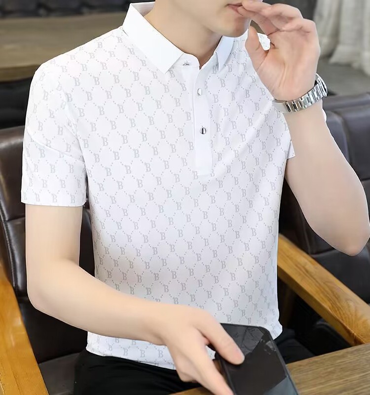 NEW SUMMER HIGH-END B LETTER PRINT SHORT SLEEVE T-SHIRT MENS THIN STRETCH ICE SILK SEAMLESS LAPEL POLO SHIRT T-SHIRT