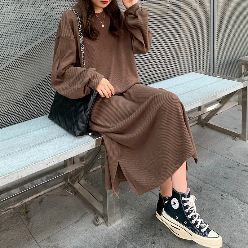 2025秋冬新款韩版下摆开叉宽松显瘦过膝长款卫衣裙女长袖连衣裙