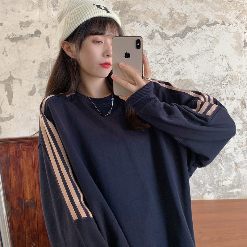 2025春秋季韩版学生条纹拼接复古BF风长袖圆领卫衣女套头宽松