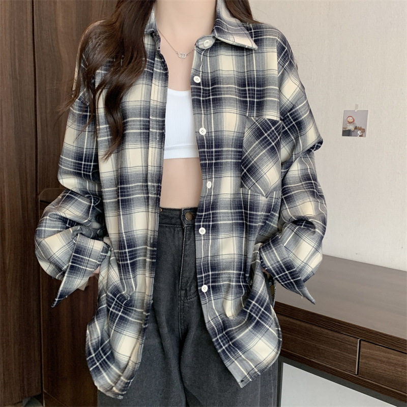 2025春秋新款韩版BF风宽松大码复古格子长袖衬衫女格纹衬衣外套