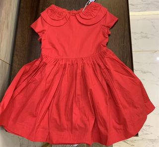 法国童装2020春秋新款 女童夏季公主红色翻领刺绣褶皱短袖连衣裙