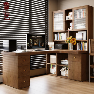 全实木转角书桌书柜书架一体桌组合 书房靠墙角落拐角桌L型学习桌