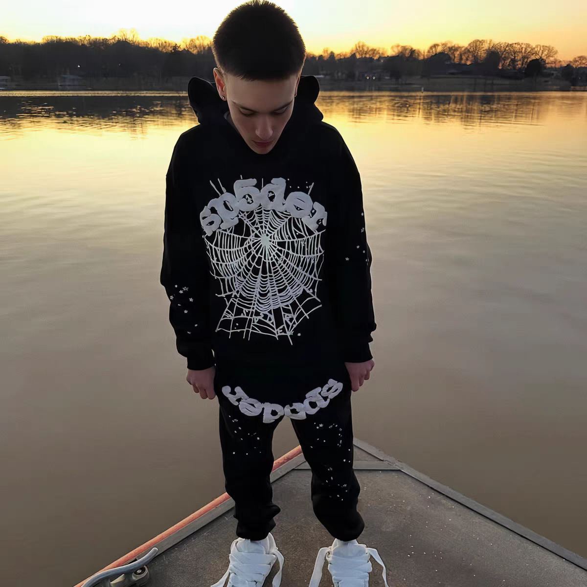 现货欧美街头潮牌Sp5der原版重磅连帽衫发泡蜘蛛卫衣卫裤爆款套装