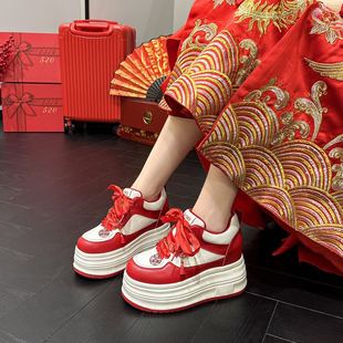 红色内增高10cm婚鞋女真皮厚底秀禾装新娘结婚休闲鞋2026春季新款