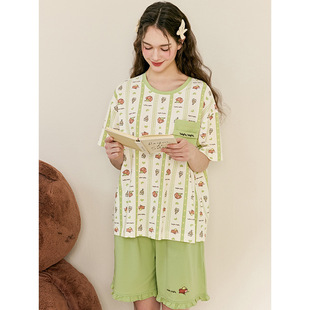 凉感睡眠棉 睡衣女夏季 布朗熊 短袖 新款 纯棉卡通家居服宽松套装