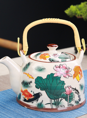 陶瓷茶壶餐厅酒店饭店家用大号老式提梁单壶带过滤网凉水壶900ML