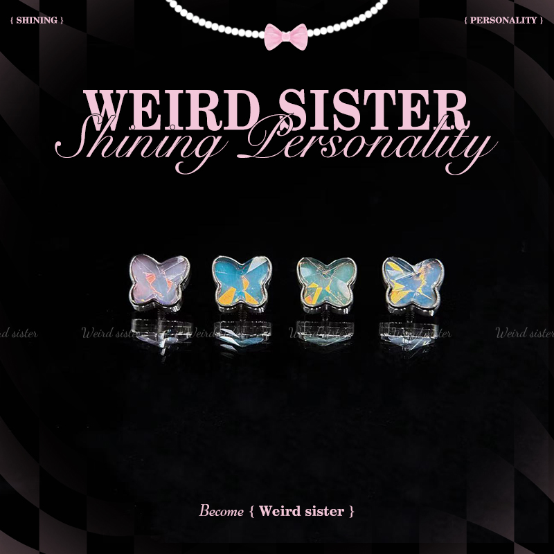 F136钛合金镜面幻彩玻璃蝴蝶耳钉甜美耳钉耳骨钉光面平底养耳洞