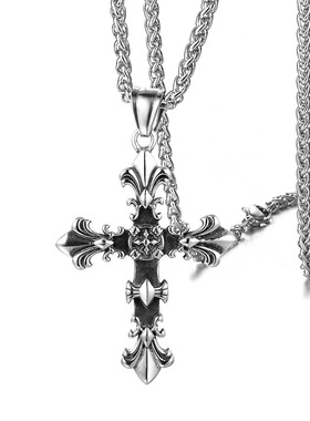 潮酷然 亚马逊新款复古十字架钛钢吊坠 十字花铸造项链不锈钢配饰