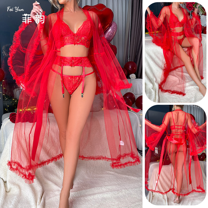 菲韵跨境外贸性感网纱长款抽皱边边睡袍爆款夜店桑拿睡衣女505