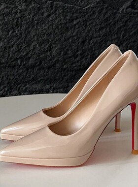 YX礼仪漆皮高跟鞋女法式气质尖头防水台不累脚细跟通勤裸色单鞋