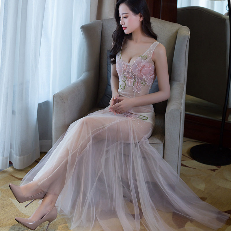 G1810/性感透视装蕾丝网纱透明修身低胸会所ktv车展礼服