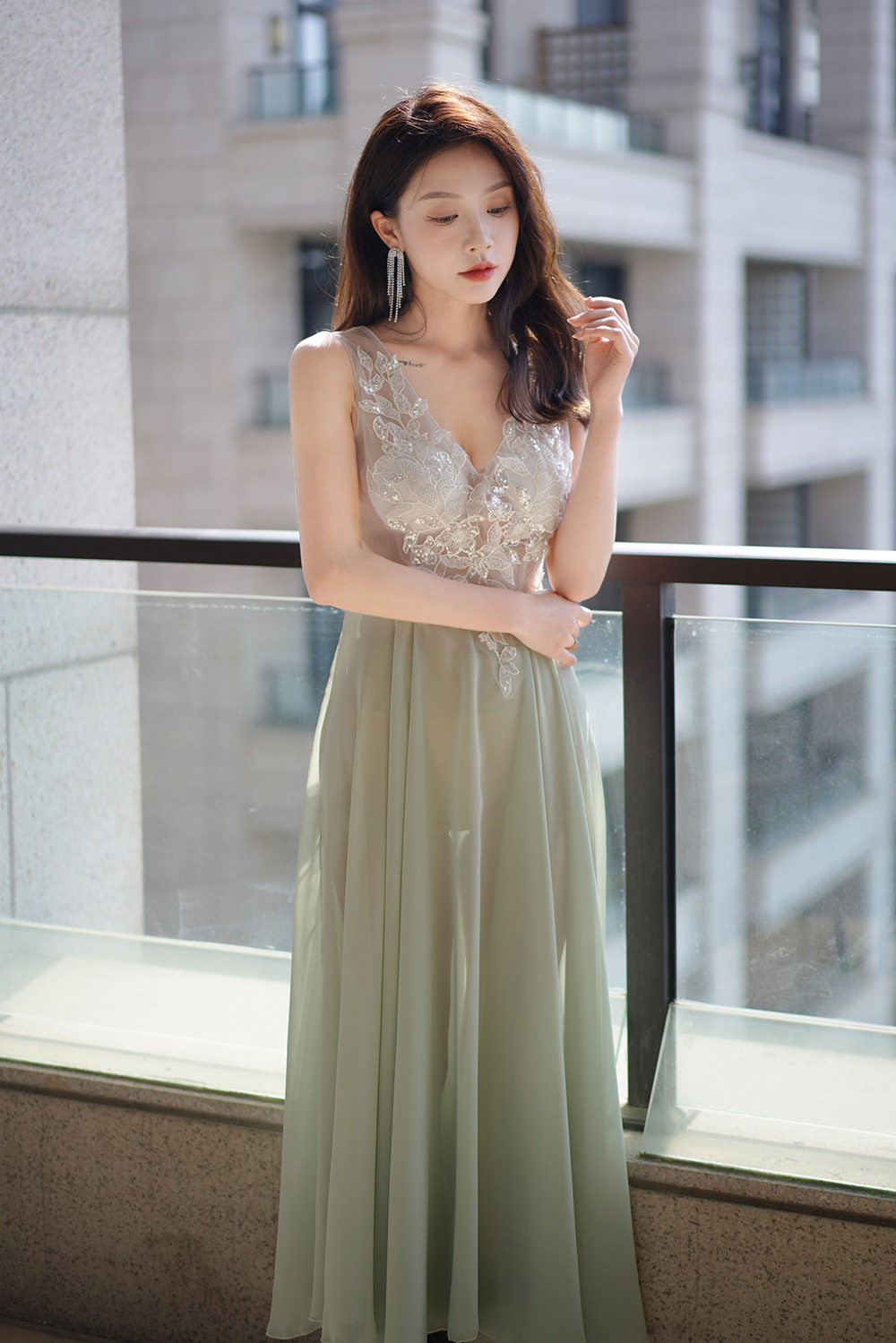 夜店性感女装透视晚礼服减龄显瘦甜美雪纺连衣裙技师工作服长裙