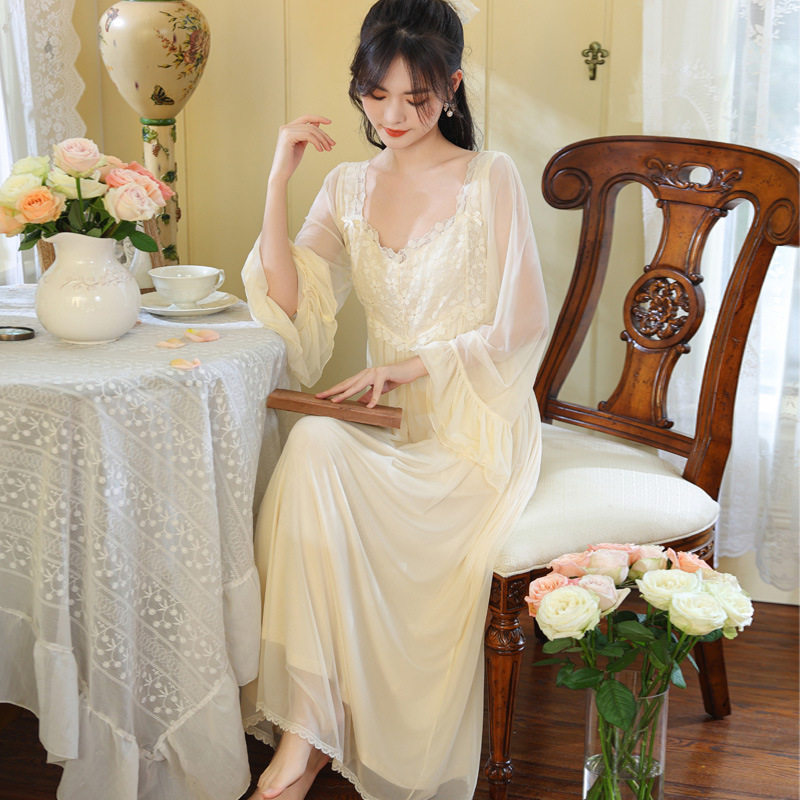 长袖网纱睡裙女春秋蕾丝宫廷风莫代尔法式睡衣仙女风带胸垫家居服