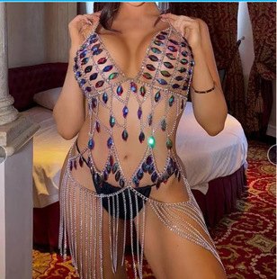 MW3165欧美body chain水晶宝石亚克力金属链相接流苏链挂坠身体链