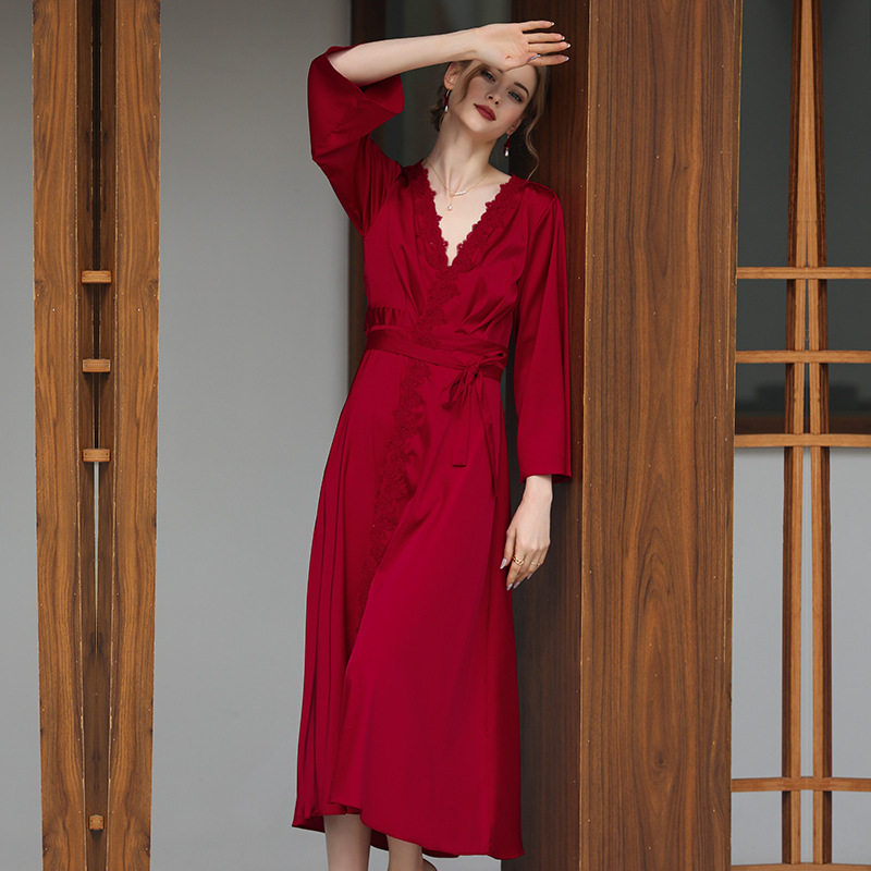 结婚晨袍女新娘伴娘冰丝长款睡袍春秋婚礼新婚红色睡衣Pajamas