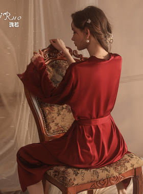 瑰若性感睡衣女秋冬魅力夜店缎面休闲舒适系带长款外袍套装19960