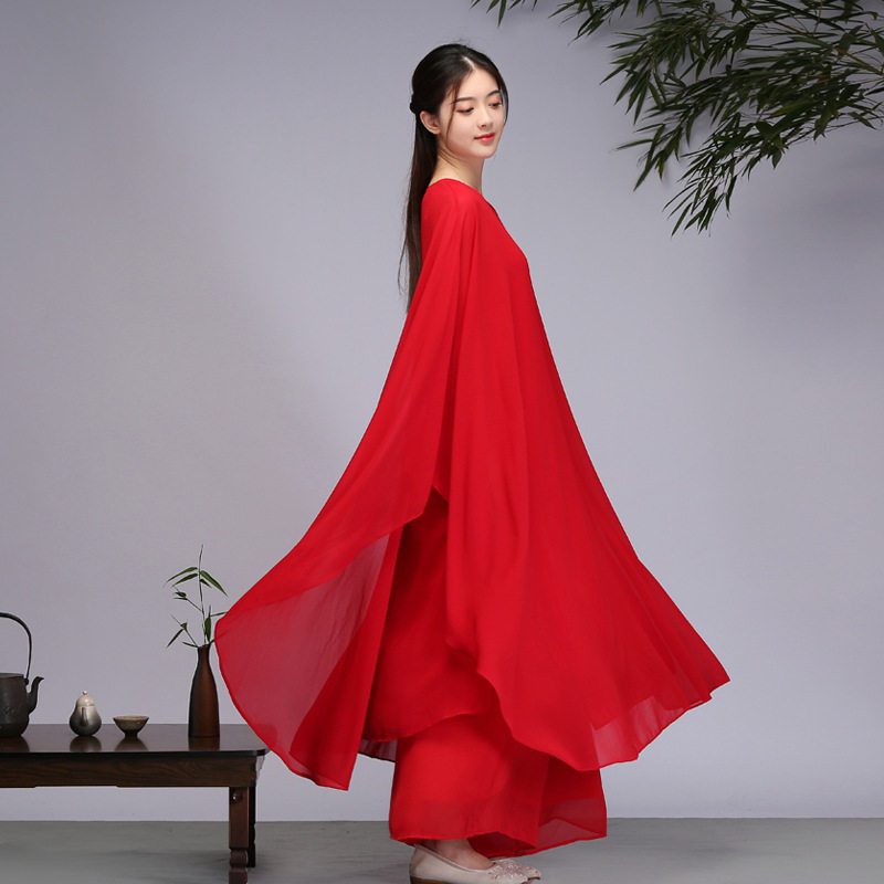 三层大摆雪纺茶服禅意禅服阔腿裤套装打坐民族风舞蹈演出连衣裙女