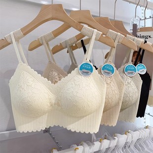 无痕冰丝美背一片式 夏季 固定杯细肩带隐形蕾丝吊带甜美风少女内衣
