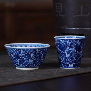 记石柴窑 手绘青花江崖海水主人杯单杯高端茶具茶器瓷器送礼礼盒