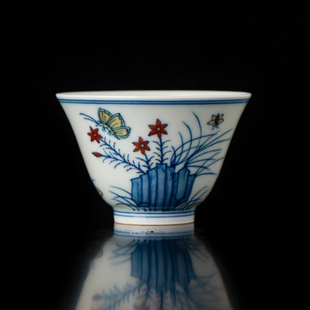 手绘斗彩三秋图主人杯传统复古单杯品茗主人杯喝茶杯景德镇陶瓷