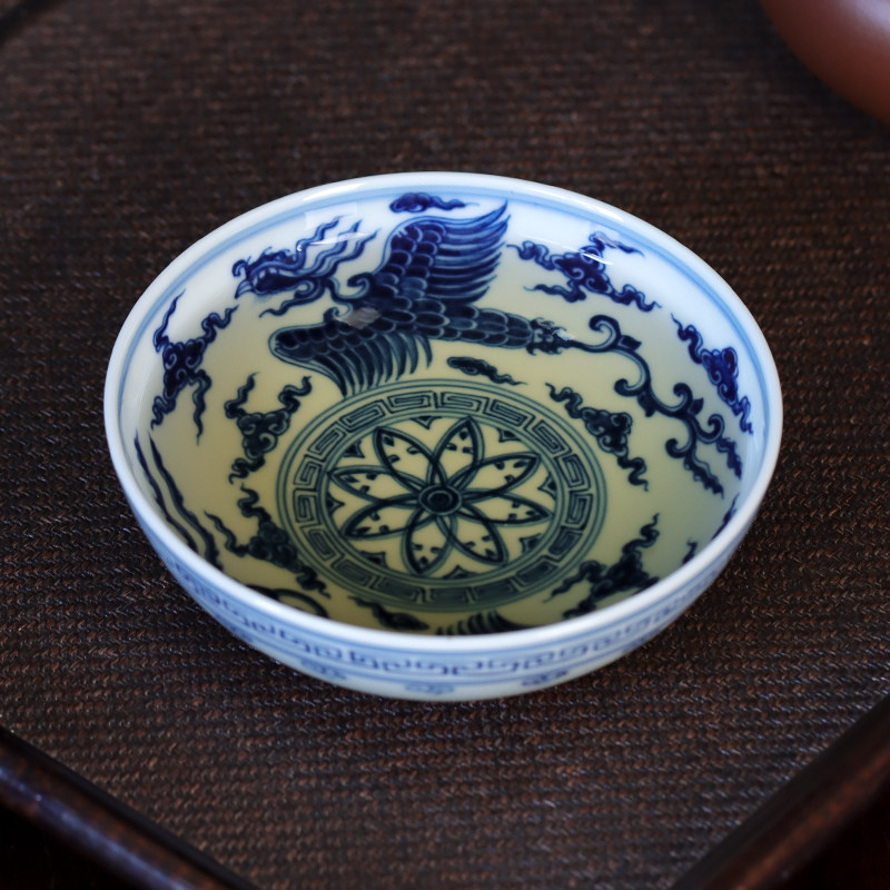 记石柴窑 手绘青花双凤纹普洱杯仿古主人杯陶瓷手绘高档功夫茶具