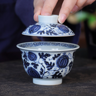手绘釉下元青花西瓜纹二才盖碗个人专用功夫单个茶泡茶碗陶瓷高端