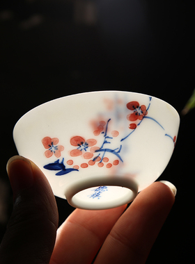 景德镇品茗杯手绘薄胎茶杯主人杯单杯青花瓷个人陶瓷功夫小茶碗杯