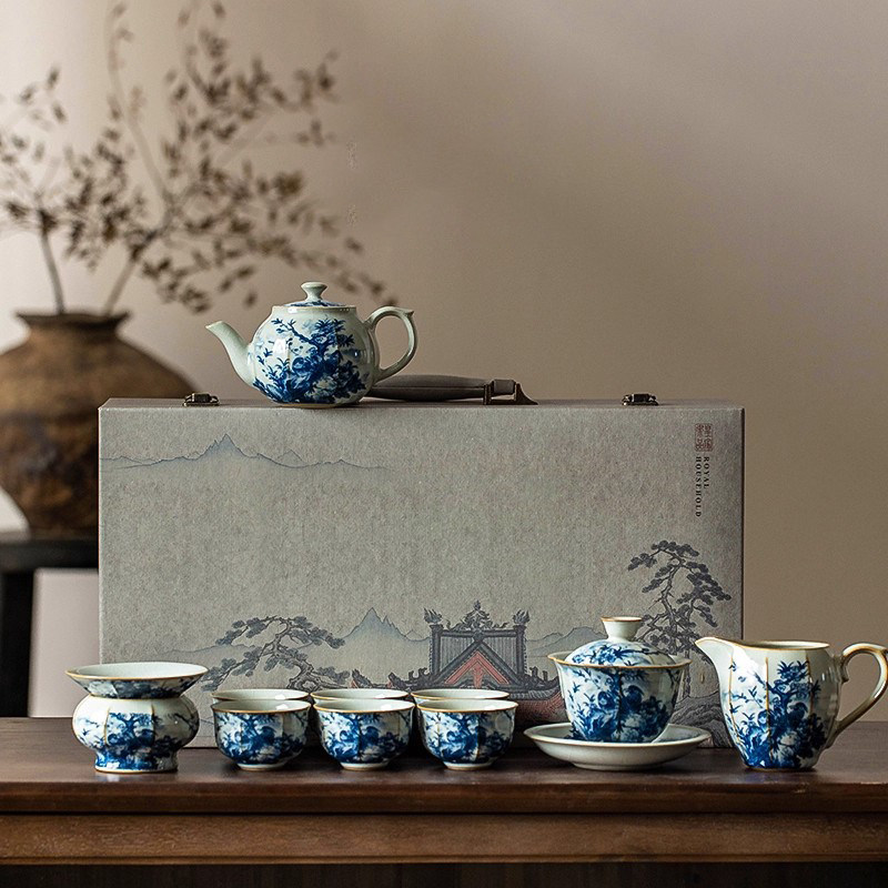 高档汝窑功夫茶具套装2026新款青花茶壶茶杯家用轻奢泡茶壶礼盒装