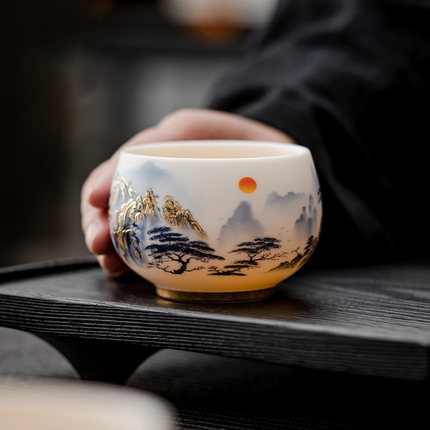 羊脂玉主人杯个人专用描金茶杯高端白瓷建盏功夫茶具品茗杯礼盒装