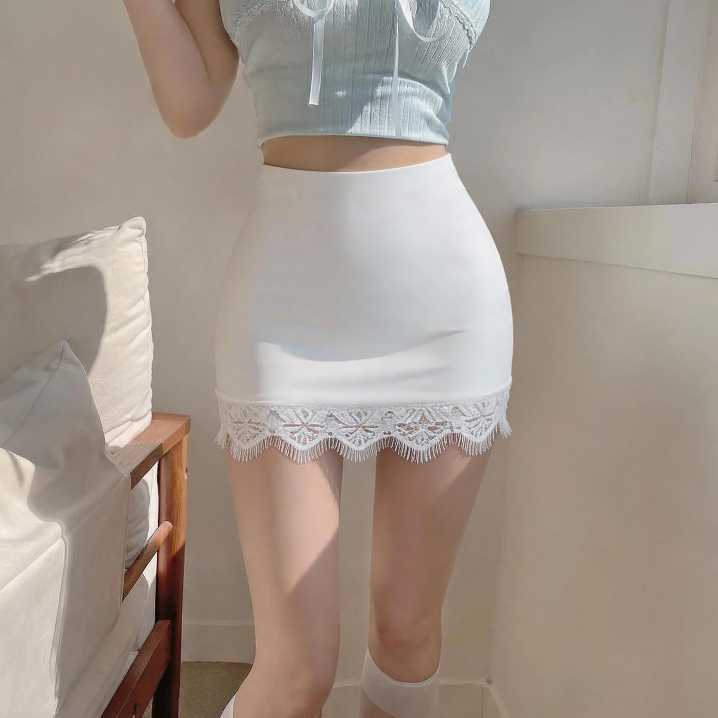夏季辣妹风蕾丝高腰显瘦包臀短裙