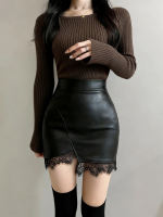 Petite, high-waisted, slimming PU leather skirt 2025 new style Korean sexy lace patchwork irregular short skirt thumbnail 2