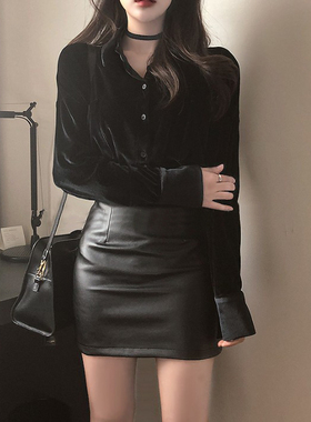 包臀pu小皮裙2024新款黑色小个子职业ol超短半身裙女性感紧身短裙