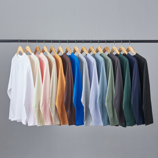 250g重磅纯棉长袖 纯色百搭休闲圆领宽松内搭白色t流行 T恤男打底衫