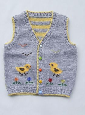 纯手工编织婴儿纯羊毛背心宝宝马甲儿童无袖毛衣灰色卡通