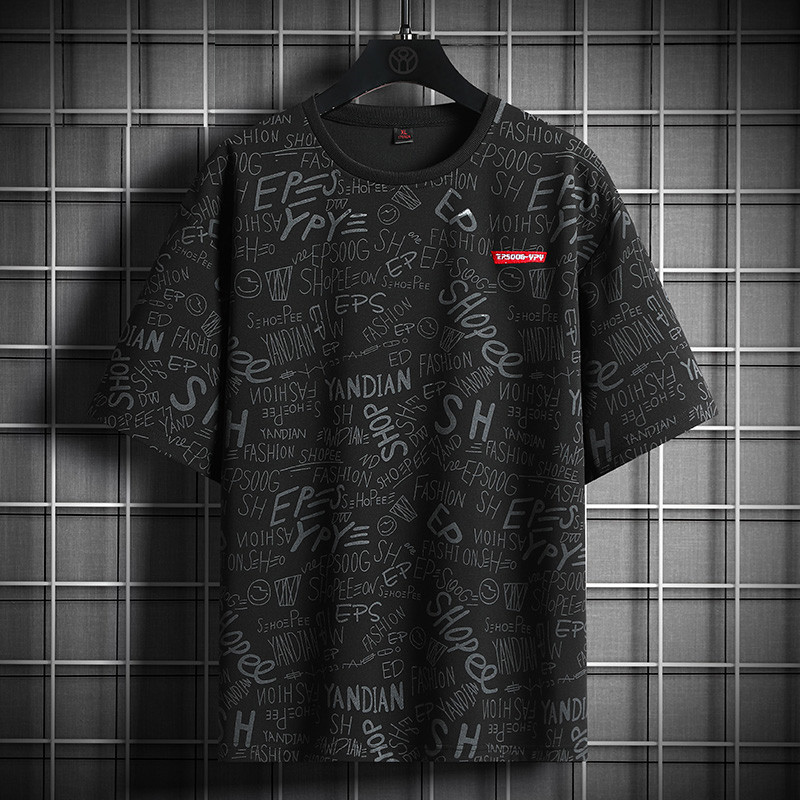 冰丝短袖t恤男夏季潮牌字母满印五分半袖男青少年韩版潮流体恤衫