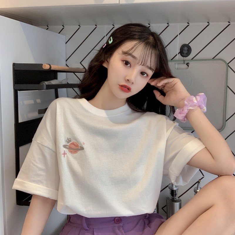 Actual photo ~ summer 2020, all kinds of new Korean embroidered loose short sleeve T-shirt, women's 65 / 35 cotton