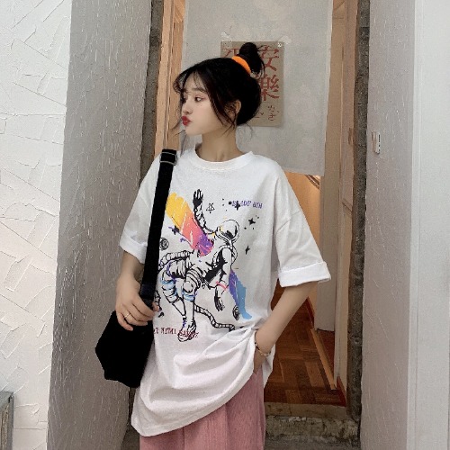 Real shooting of new summer clothing college style letter cartoon printed half sleeve top medium length short sleeve T-shirt