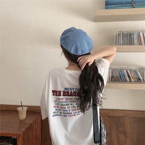 Real shooting 2022 new summer clothes college style simple medium and long five point sleeve printed letters short sleeve T-shirt women