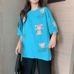 Real shot ~ New Korean loose cartoon graffiti fun printing round neck medium length short sleeve T-shirt women's cotton