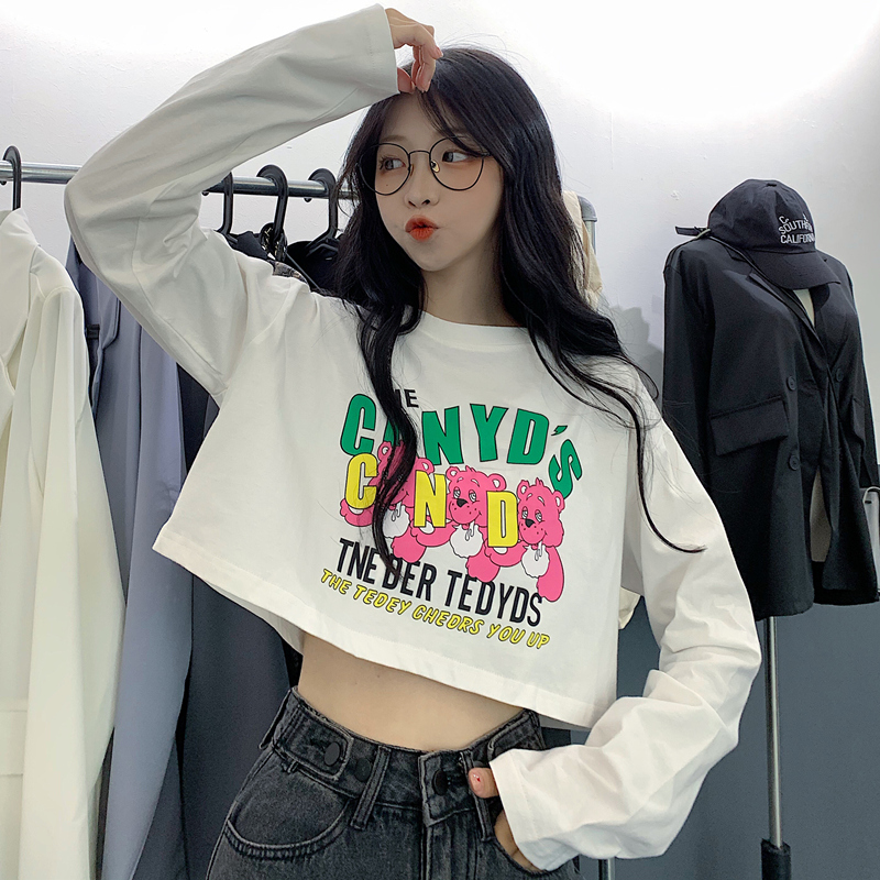 New style simple and small design sense of autumn costume short cartoon long sleeve T-shirt girl 6535 fish scale