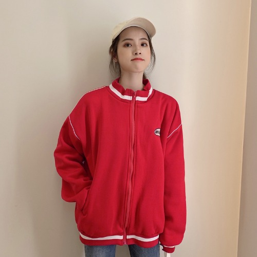 New style zipper Plush thick loose embroidery cardigan in autumn and winter