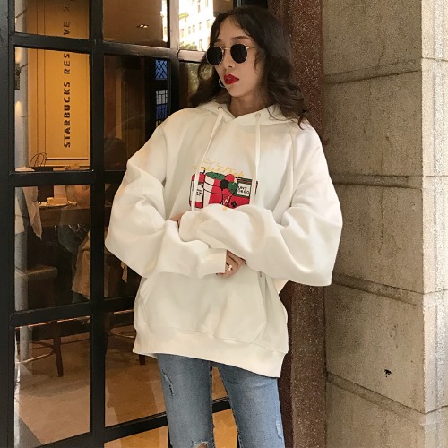 Photo shoot autumn simple print lazy style BF loose long sleeve ins hooded 250g sweater coat