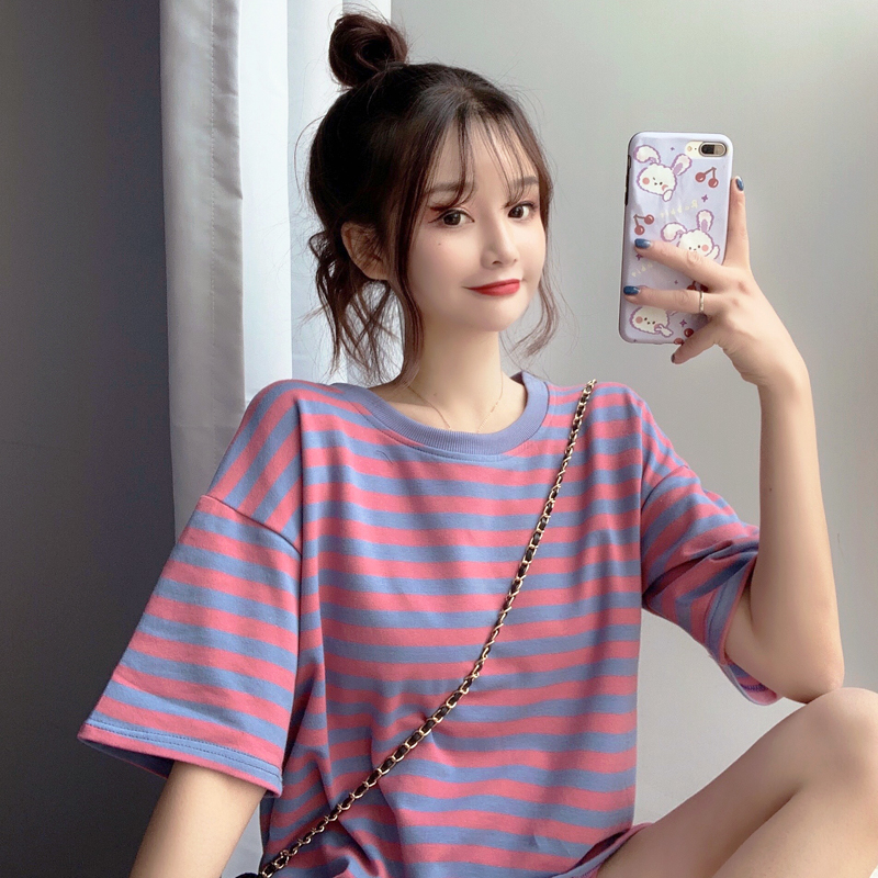 Real photo 2021 new summer simple stripe medium length top short sleeve T-shirt women's cotton