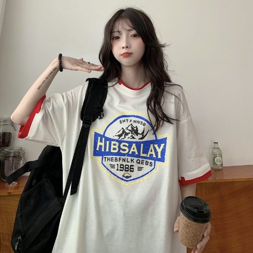 Real shooting of new summer dress with irregular color matching, loose and lazy Pullover printing, short sleeve T-shirt, female cotton