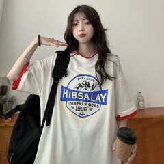 Real shooting of new summer dress with irregular color matching, loose and lazy Pullover printing, short sleeve T-shirt, female cotton