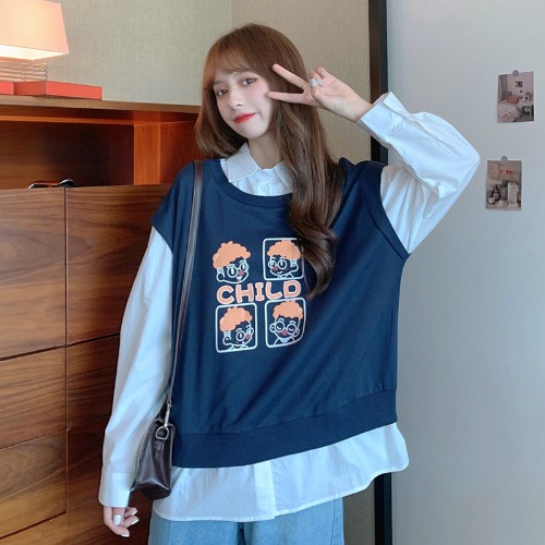 Real shot off the shelf autumn clothing Korean version loose cartoon letter printing student splicing fake two shirts + sweater thin