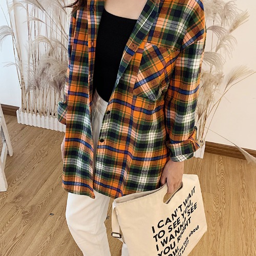 Real shot autumn dress Korean loose and versatile medium length BF Style Long Sleeve Plaid Shirt