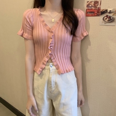 Real shot summer new solid color thin and versatile short sleeve button knitted shirt women's cardigan top